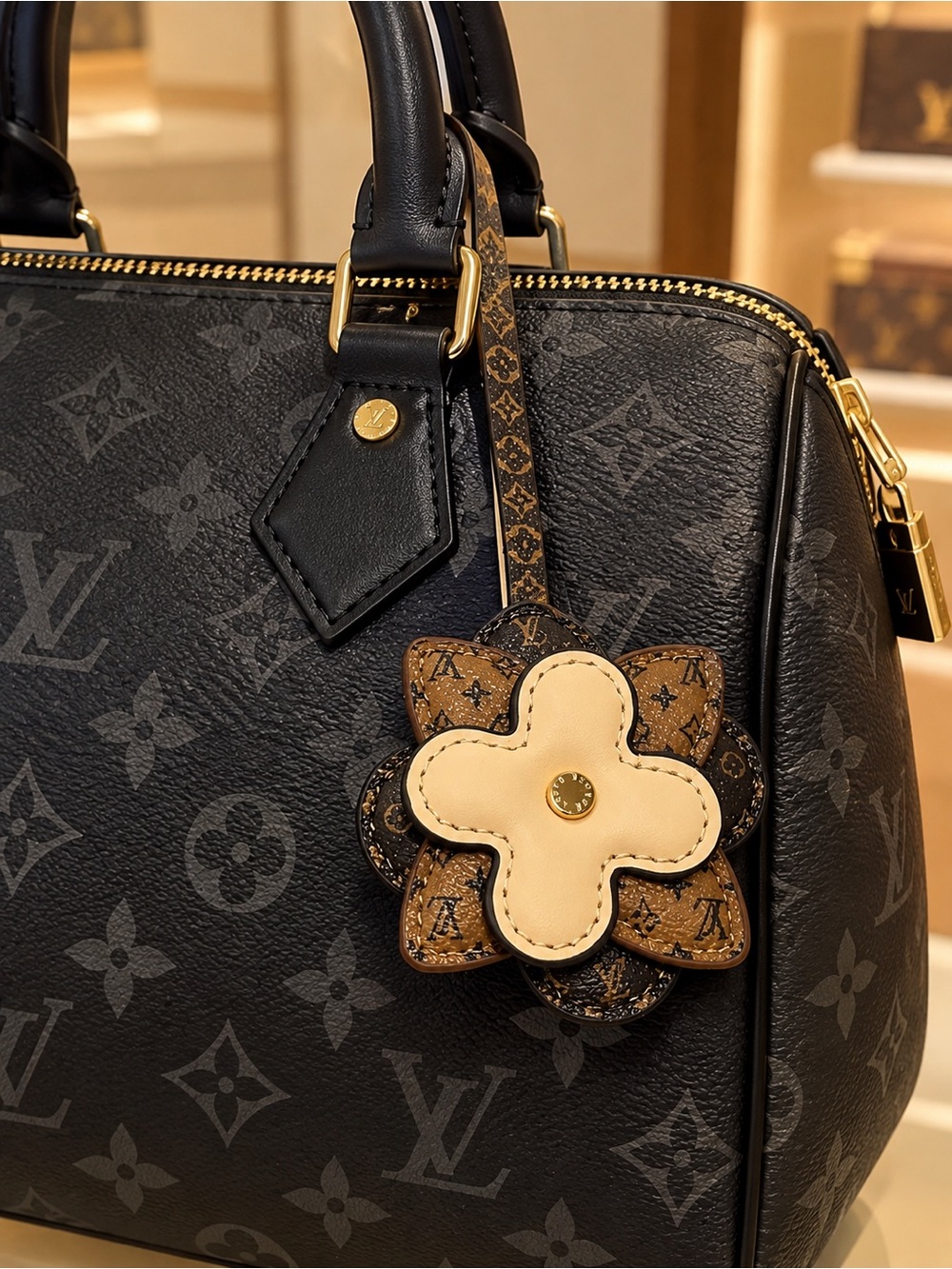 Charms brown and beige flower keychain leather.